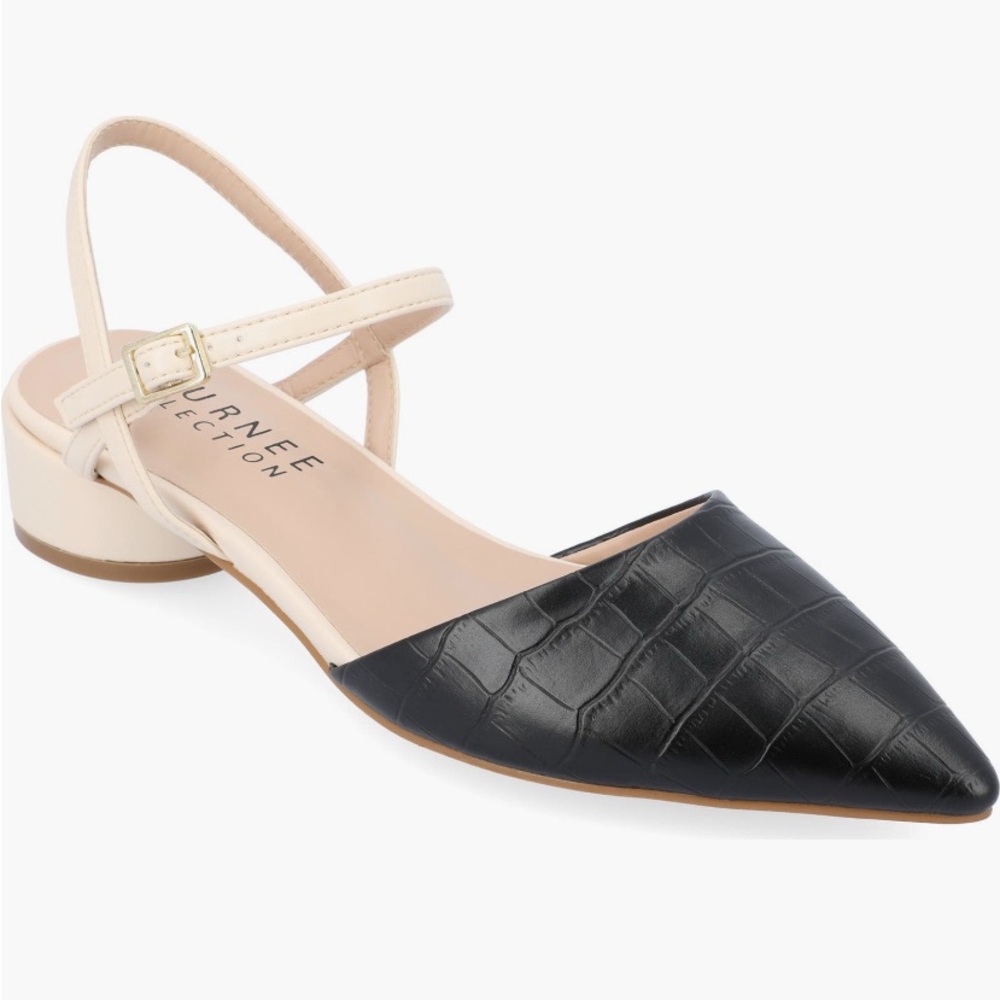 NEW Journee Collection Black and Cream Brynn Croc Embossed Slingback Shoes 8.5
